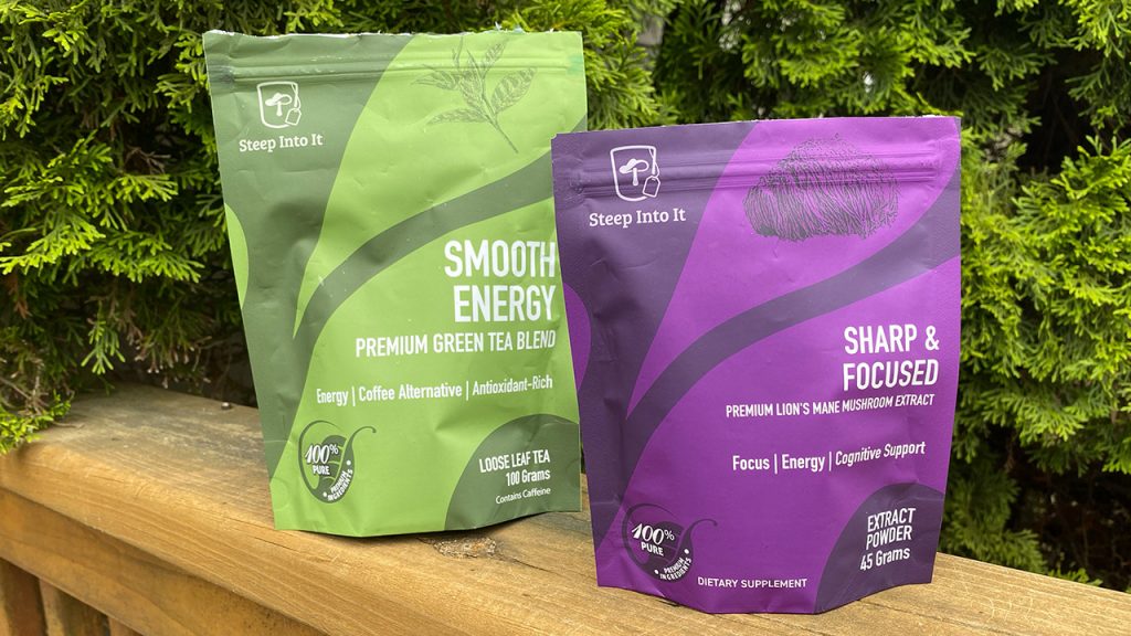 Photo Caption:  Product photos of Smooth Energy (Jasmine Green Tea) and Sharp & Focused (Lion's Mane Mushroom Extract. Photo Credit: Brad Coates